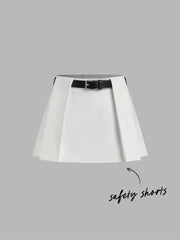 Mid Rise Pleated Micro Skort With Belt