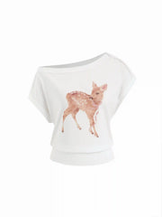 Cotton-blend Deer & Bowknot Graphic Asymmetrical Neck Tee