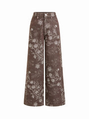 Cotton-blend Low Rise Floral Wide Leg Trousers