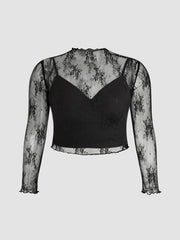 High Neck Lace Floral Blouse & Solid Crop Cami Top Set Curve & Plus