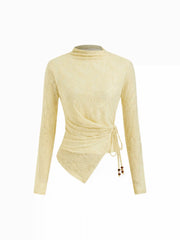 Textured Floral High Neck Long Sleeve Beaded Wrap Tie Side Ruched Top