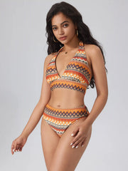 Halter Geometric Striped Bikini Set