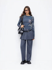 Cotton-blend Polka Dot Round Neckline Graphic Ruched Top