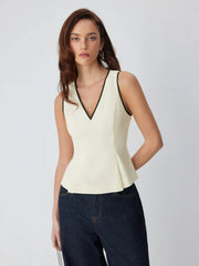 Linen-blend V-neck Contrasting Binding Peplum Top