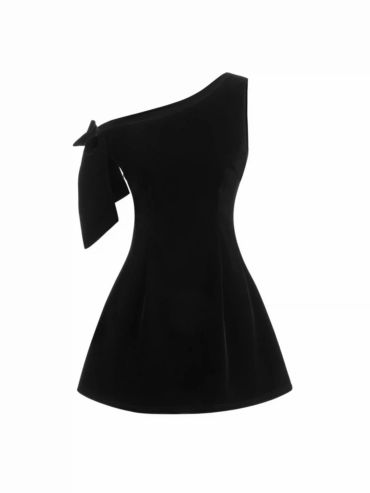 Velvet Asymmetrical Neck Bowknot Mini Dress