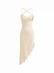 Satin V-neck Lace Backless Asymmetrical Hem Maxi Dress