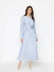 Round Neckline Lantern Long Sleeve Metal Button Ruched Maxi Dress