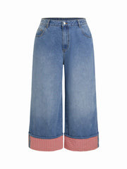 Washed Denim Gingham Wide Leg Jeans Curve & Plus