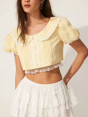 Cotton Peter Pan Collar Puff Sleeve Lace Trim Crop Blouse