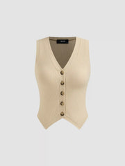 Cotton-blend V-neck Solid Button Vest & Mid Rise Knotted Pocket Straight Leg Trousers Set