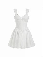 Cotton Broderie Anglaise Sweetheart Ruched Flared Mini Dress