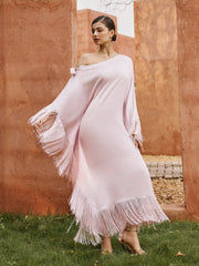 Satin Asymmetrical Neck Cloak Sleeve Fringe Oversized Maxi Dress