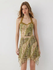 Chiffon Floral Halter Neckline Lace Top & Mid Rise Ruffle Hem Midi Skirt Set