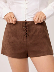 Suede Low Rise Lace Up Knotted Micro Shorts