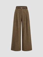 Tweed Mid Rise Stripes Straight Leg Trousers with Belt