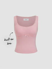 Built-in Bra U-neckline Bowknot Lace Trim Tank Top