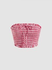 Cotton-blend Gingham Shirred Knotted Crop Tube Top & Gingham Bubble Hem Knotted Mini Skirt Set