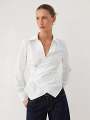 Cotton-blend V-Neck Wrap Long Sleeve Blouse