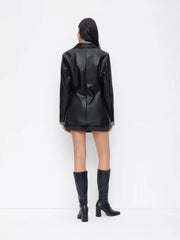 Faux Leather Collar Side Button Cinched Waist Blazer