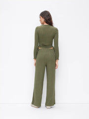 Drawstring Ruched Crop Top & High Rise Straight Leg Trousers Set