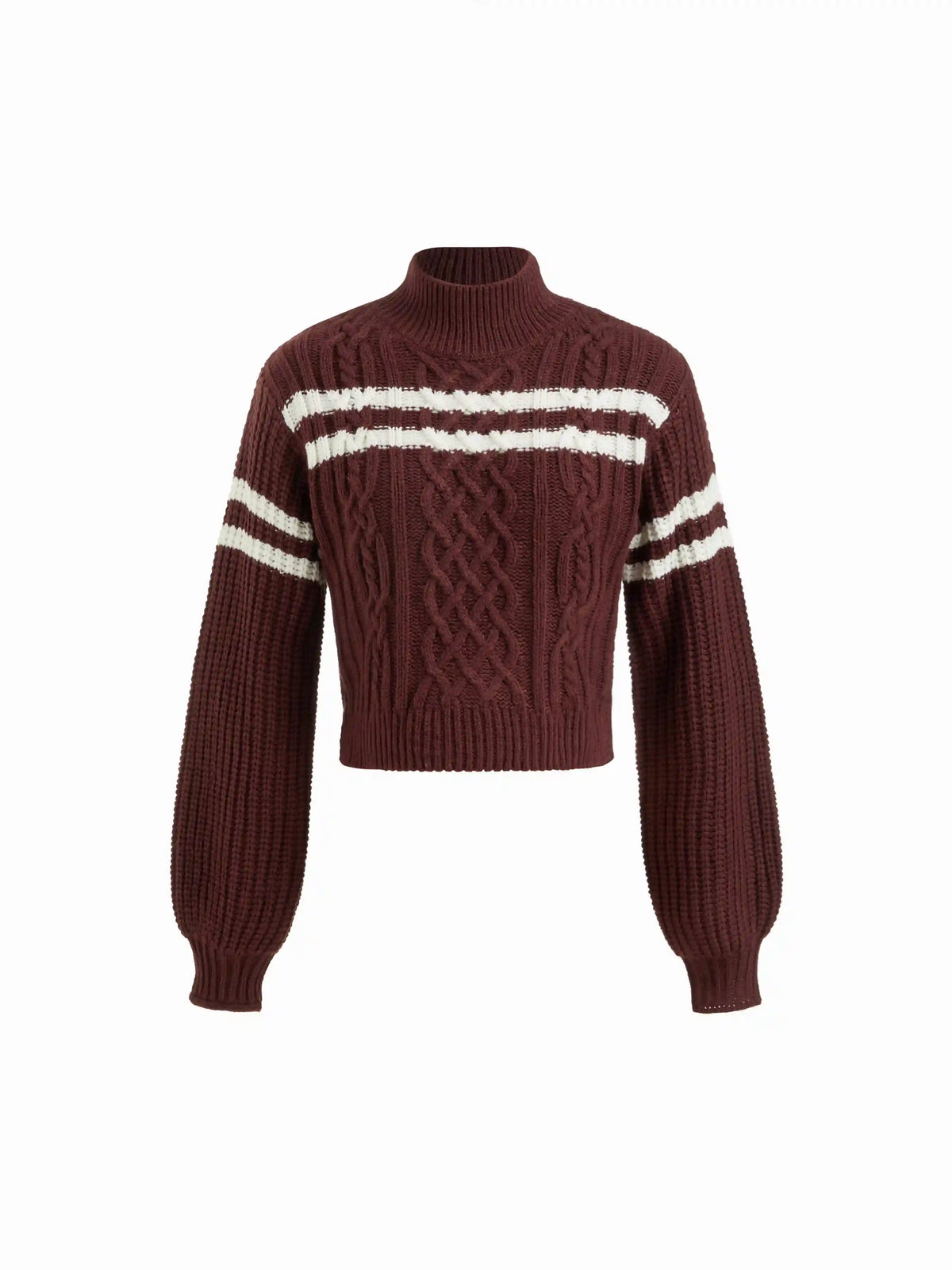 Cable Knit Striped Turtleneck Long Sleeve Top