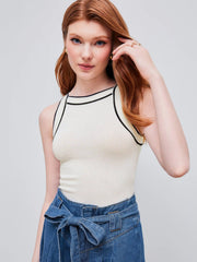 Knit Boat Neck Solid Contrasting Binding Tank Top