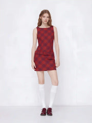 Cotton-blend Round Neckline Tartan Mini Dress With Belt