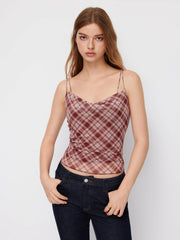 Plaid Cowl Neck Lace Trim Cami Top