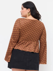 Jacquard Round Neckline Geometric Bowknot Ruffle Hem Oversized Top