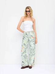 Denim Low Rise Striped Floral Graphic Asymmetrical Metal Detail Wide Leg Jeans