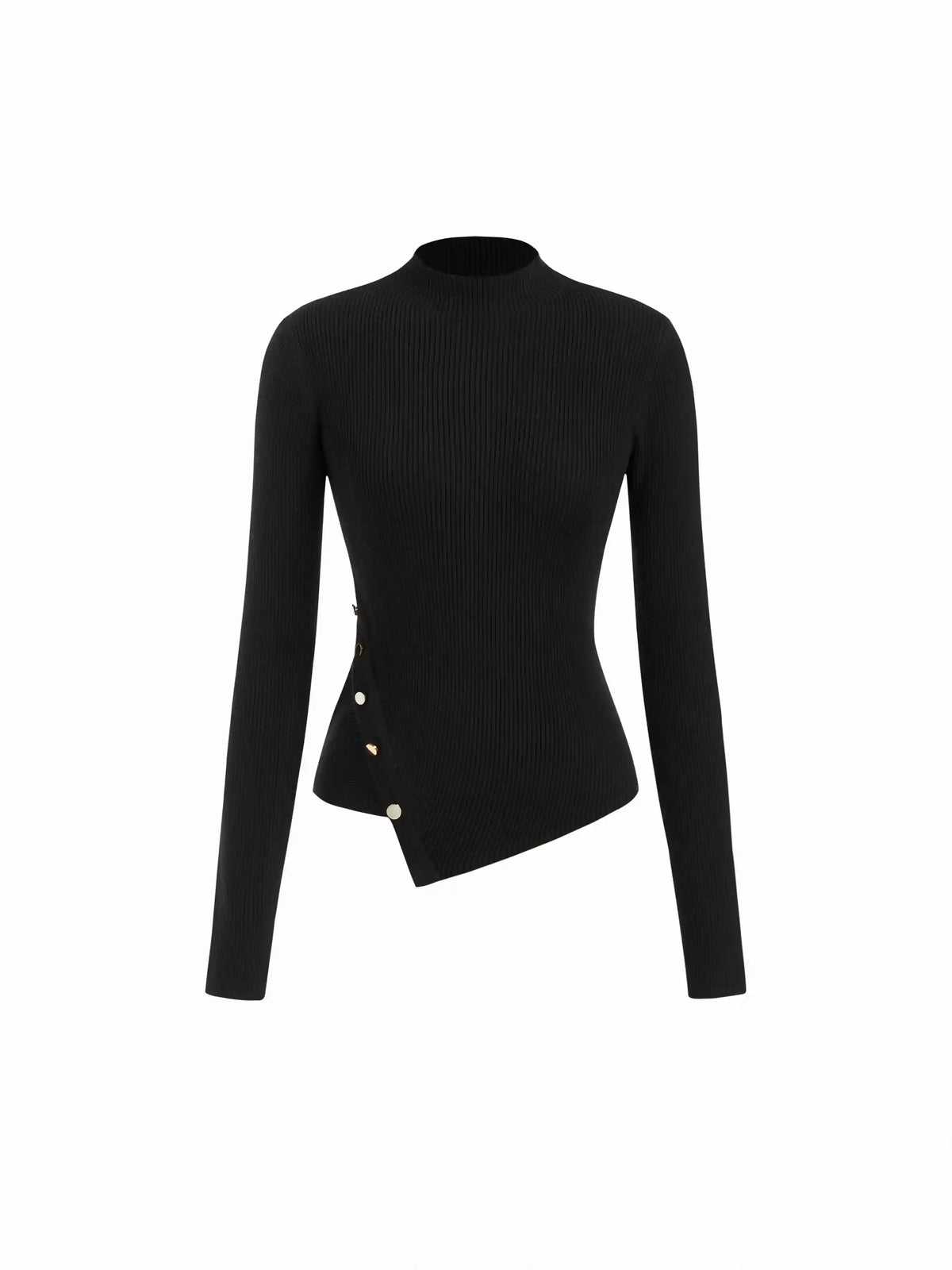 Knit Stand Collar Long Sleeve Metal Button Asymmetrical Top