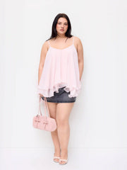 Chiffon Ruffle Hem Knotted Layered Mesh Cami Top Curve & Plus