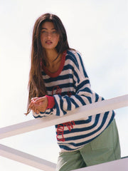 Knit Stripe Lobster Graphic Long Sleeve Contrasting Binding Oversized Sweater