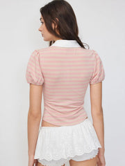 Stripe Color-Blocked Polo Puff Sleeve Top