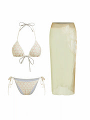 High Stretch Floral Triangle Top & Mid Rise Bikini & Sheer Floral Skirt 3 Piece Bikini Set