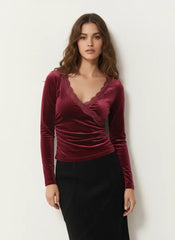 Velvet V-neck Solid Lace Ruched Long Sleeve Top