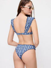 Blue Plaid Sweetheart Ruched Triangle Bikini Set With Ruffled Trim