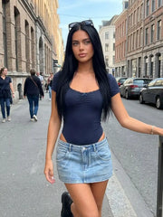 Cotton-blend Scoop Neck Lace Panel Ruched Bodysuit