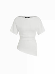 Cotton-blend Boat Neck Ruched Asymmetrical Hem Short Sleeve Tee