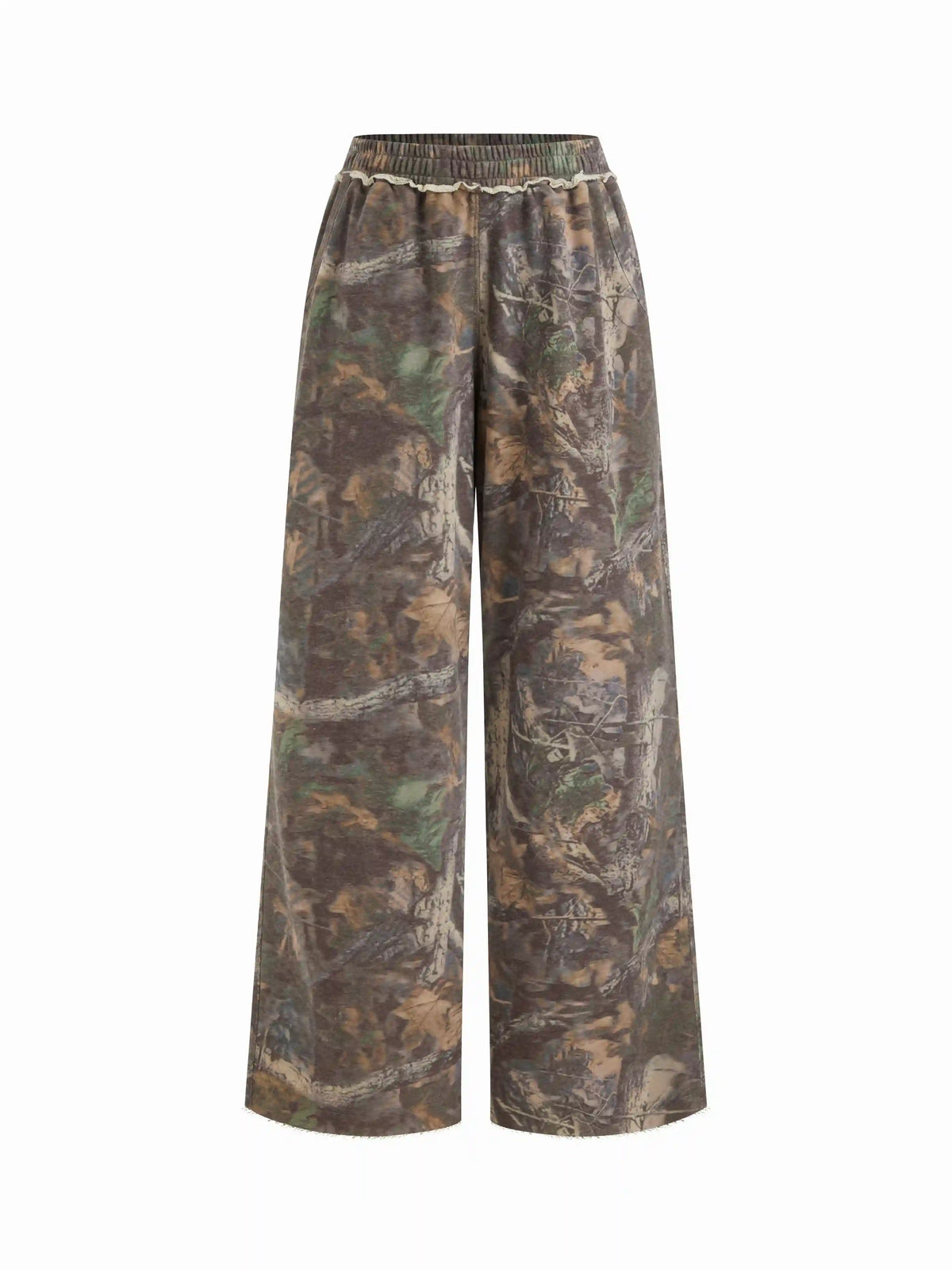 Cotton-blend Mid Rise Elastic Waist Floral Camo Wide Leg Trousers