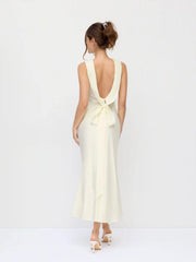 Satin Boat Neck Backless Bowknot Mermaid Maxi Dress
