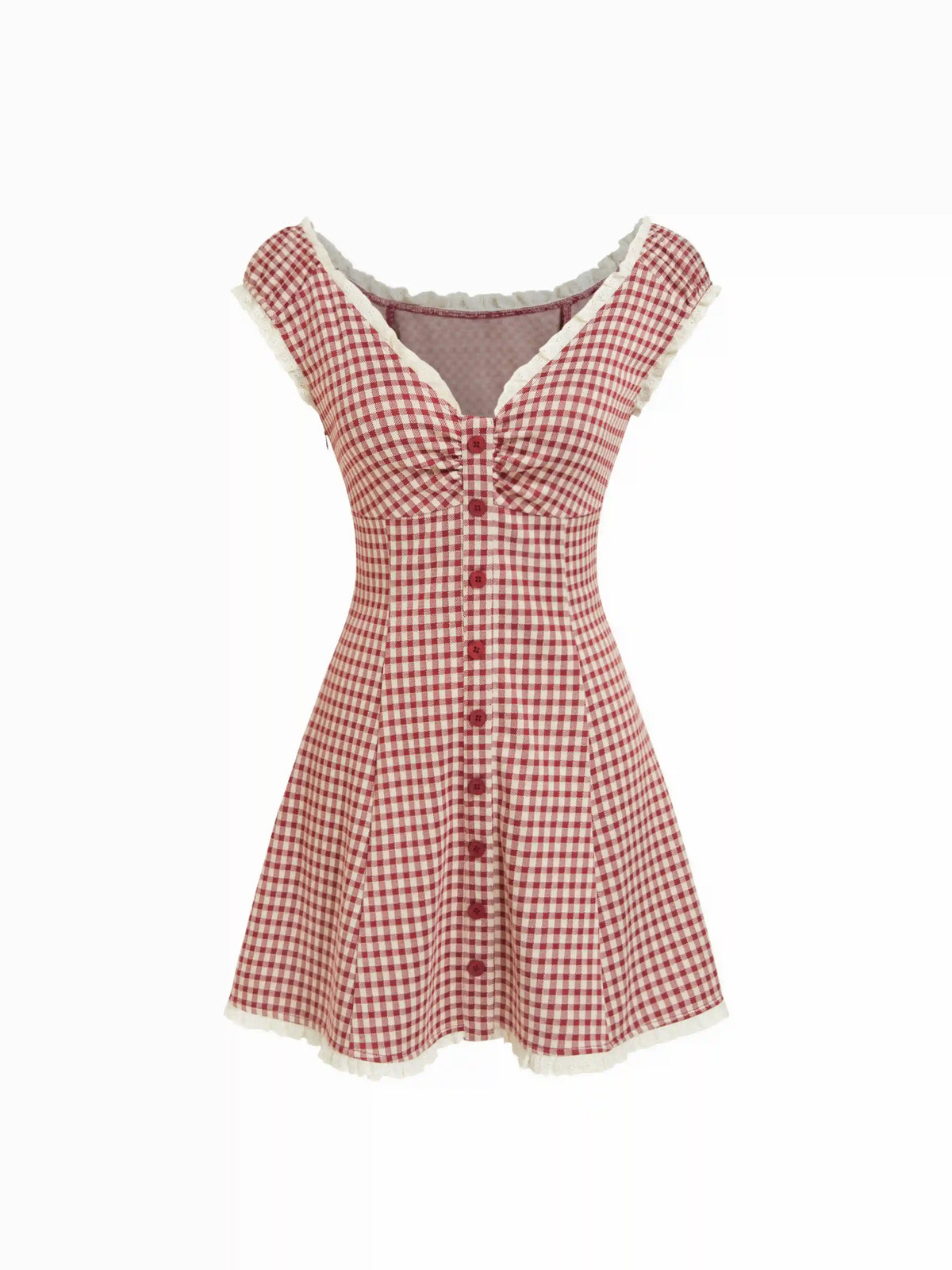 Gingham V-neck Short Sleeve Ruched Lace Trim A-line Mini Dress