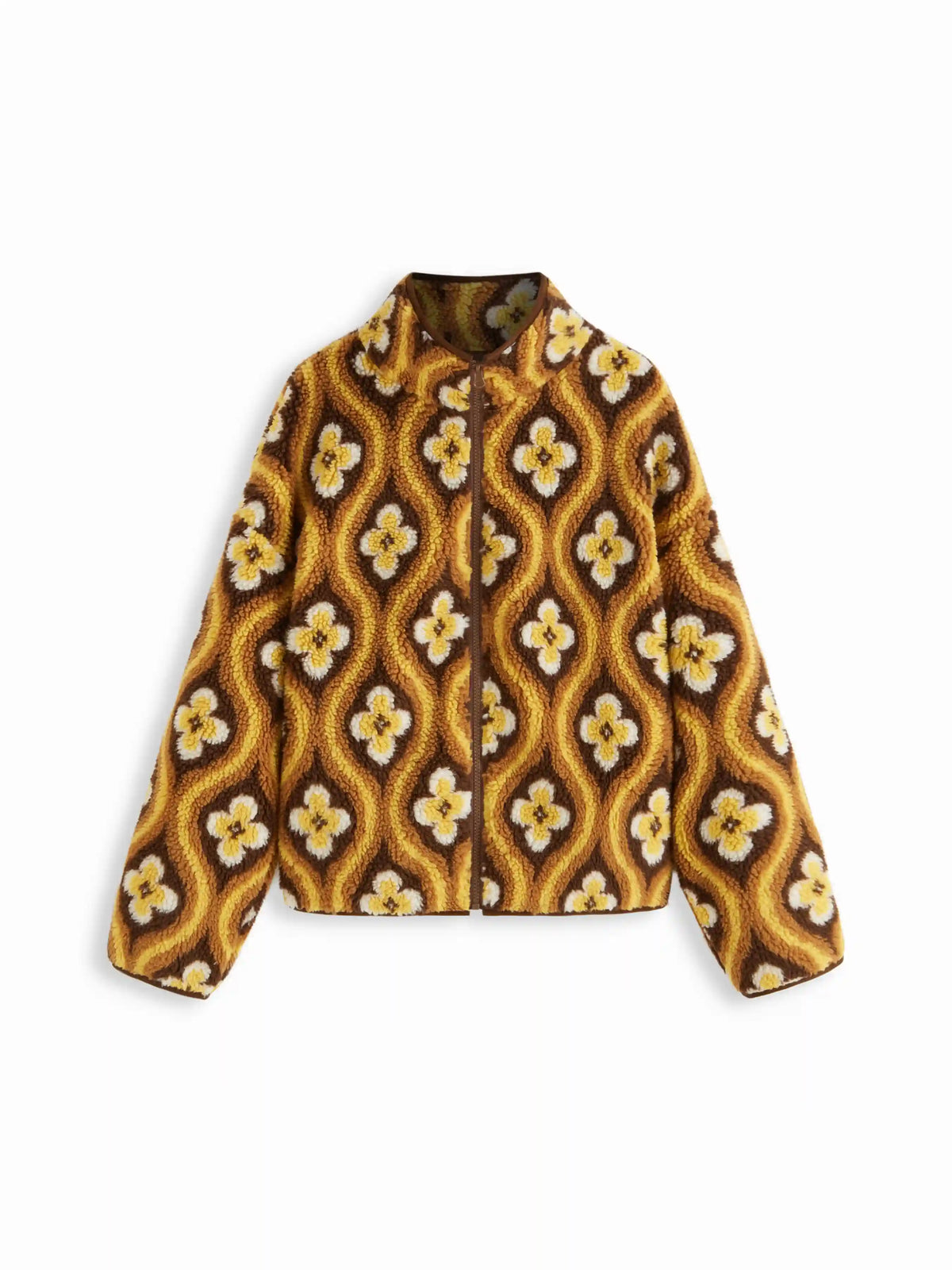 Fleece Stand Collar Geometric Zip Through Oversized Jacket