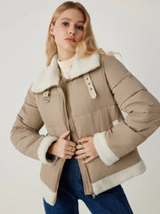 Fleece Buckle Collar  Patchy Zipper Puffer Jacket