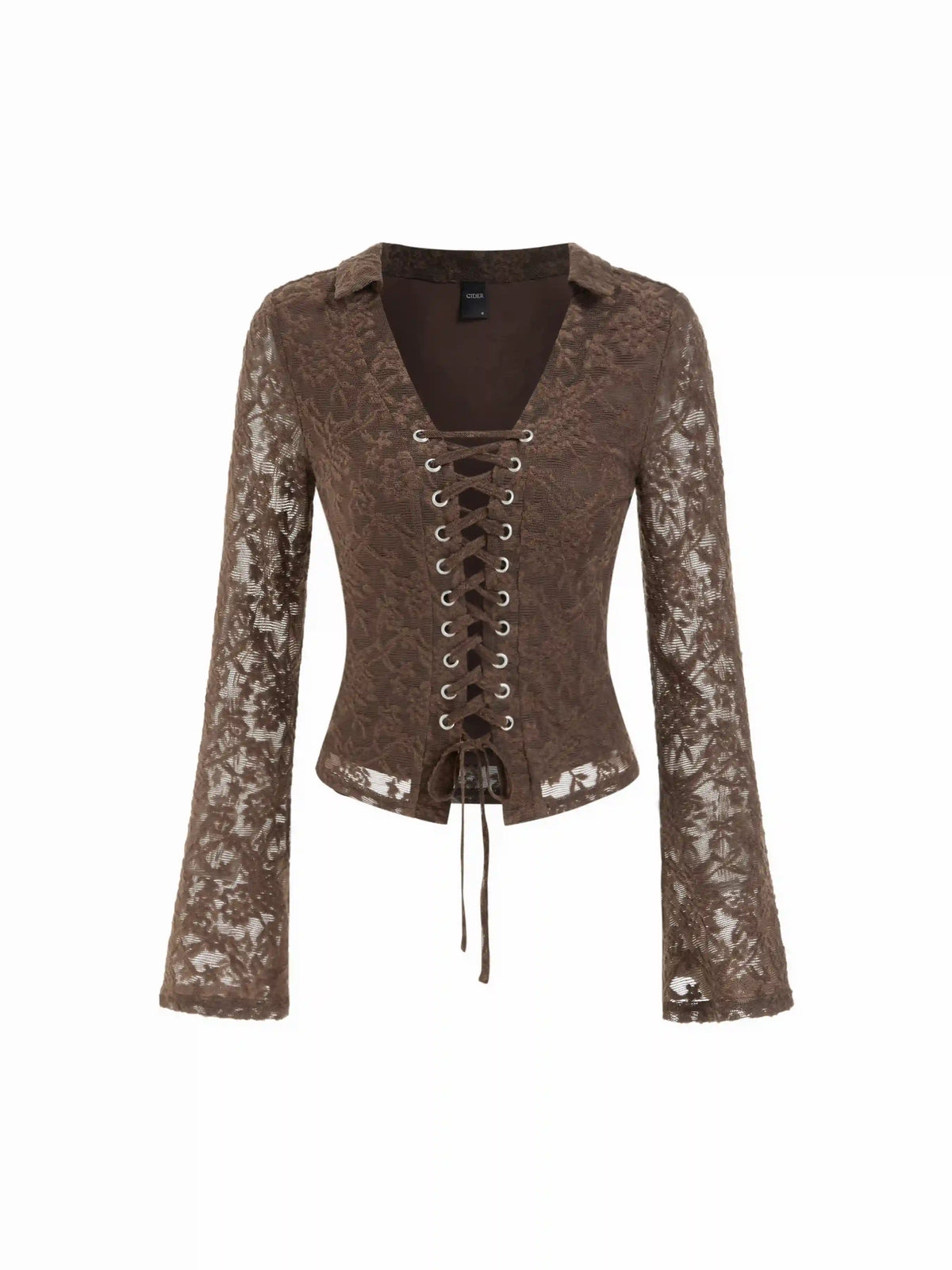 Lace V-neck Lace Up Long Sleeve Top With Scarf