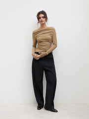 Solid Asymmetrical Neck Long Sleeve Top