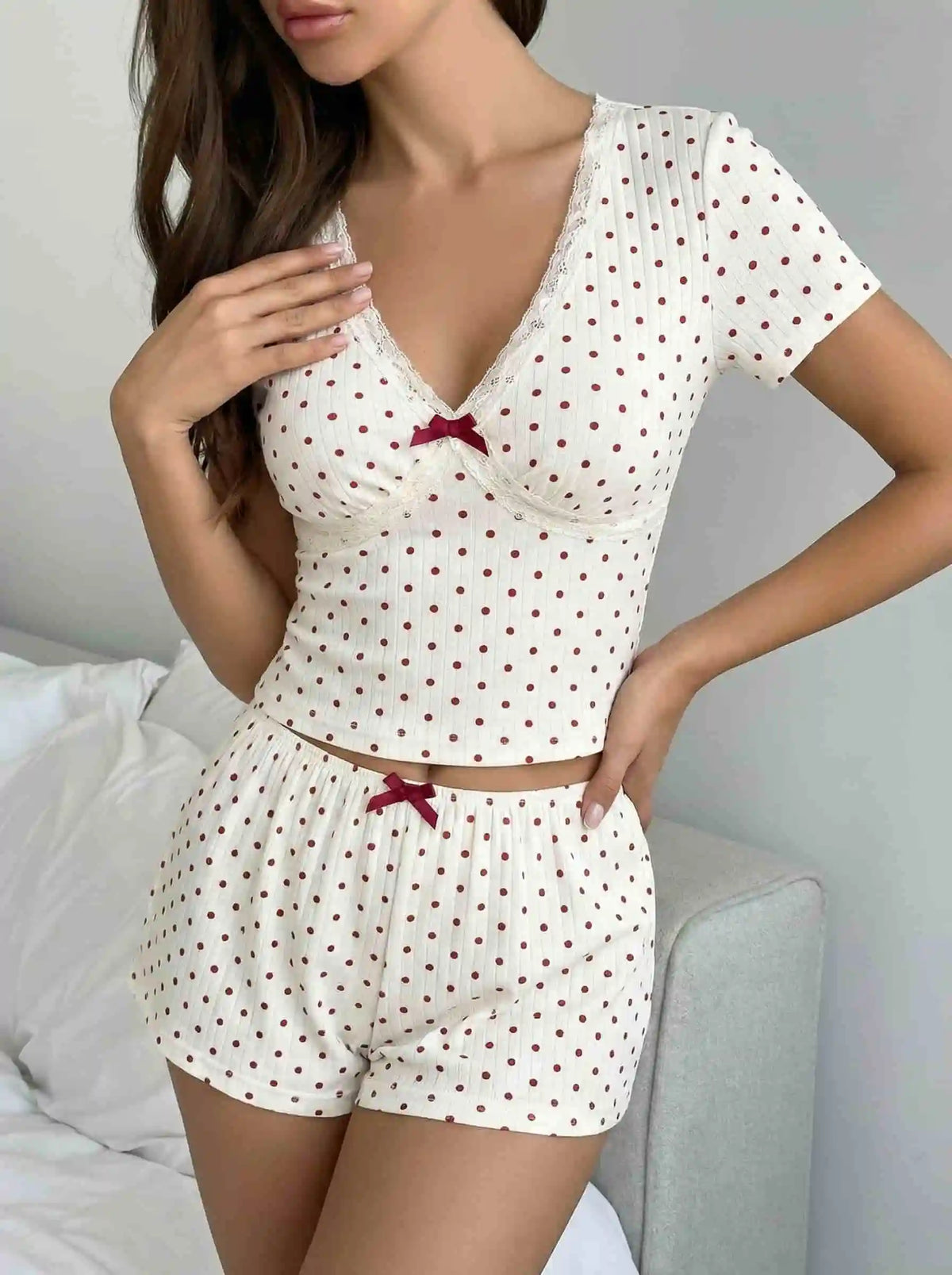 Viscose-blend Polka Dot V-Neck Ruched Crop Top & Elastic Waist Shorts Set