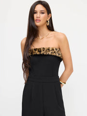 Leopard Faux Fur Trim Wide Leg Bandeau Jumpsuit