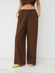 Mid Rise Texture Elastic Waist Straight Leg Trousers