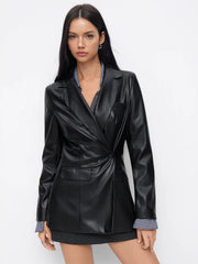 Faux Leather Collar Side Button Cinched Waist Blazer